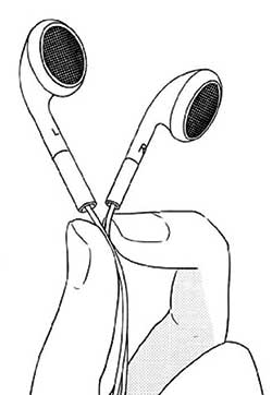 Illustration of fingers holding a pair of earbuds