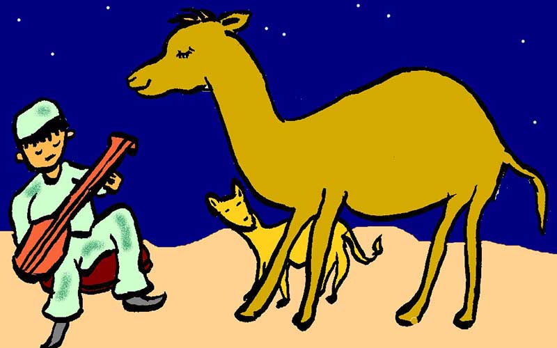 Illustration of a man playing the Morin Khurr to a camel