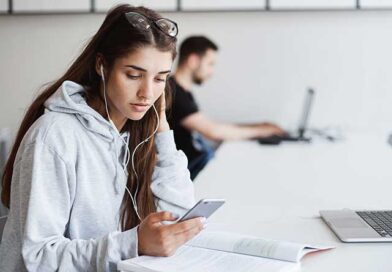Female student studying online