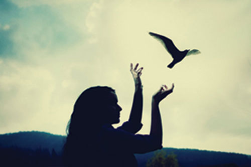 Woman releasing bird