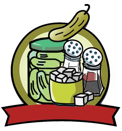 Illustration of pickles, pepper and sugar