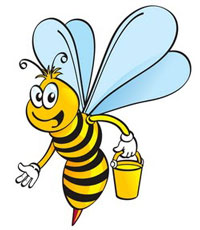 Cartoon bee holding a pot of honey
