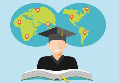 Illustration of graduate student in front of world map