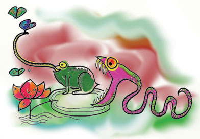 Illustration of snake eating frog eating butterflies