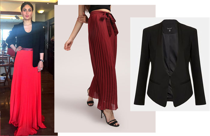 Actress Kareena Kapoor in a red pleated long skirt and black jacket