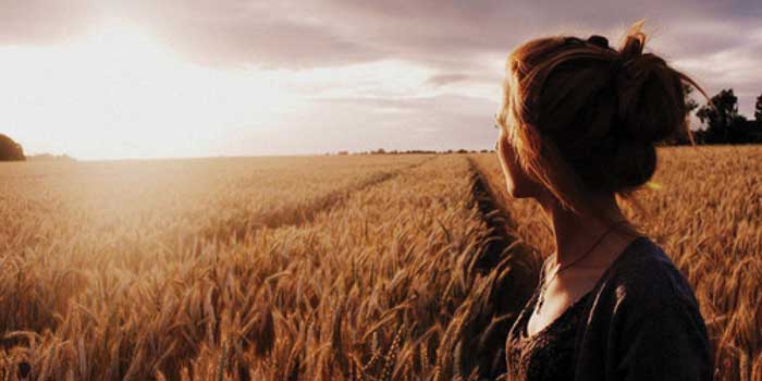 Girl in a cornfield looking at the sunset