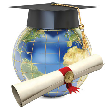 Graduation cap on a globe with scholarship scroll next to it