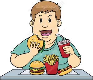 Cartoon of boy overeating junk food