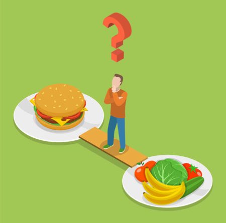 Illustration of a man trying to decide between fast food and healthy food