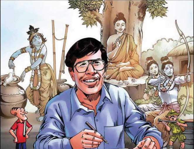 Illustration of Anant Pai and characters from Amar Chitra Katha