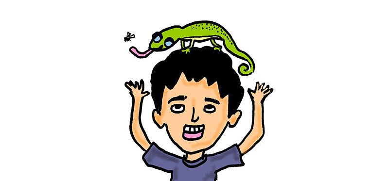 Cartoon illustration of a boy with a reptile pet on his head