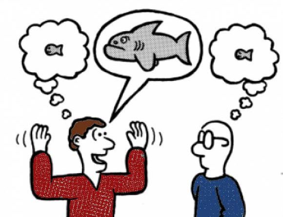 Cartoon of man exaggerating while telling his friend about a fish he caught