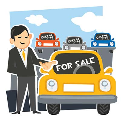 Cartoon illustration of a car salesman with cars