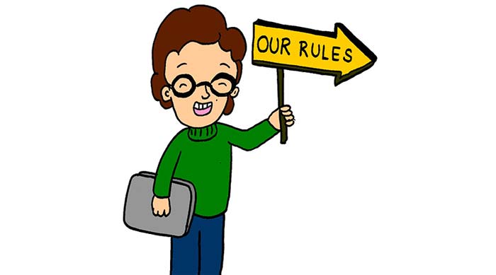 Illustration of a school student carrying a sign reading 'Our rules'