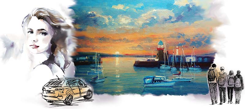 Illustration of a harbour, lady, car and teen friends