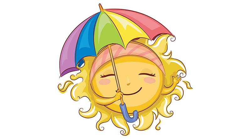 Illustration of smiling sun with colourful umbrella