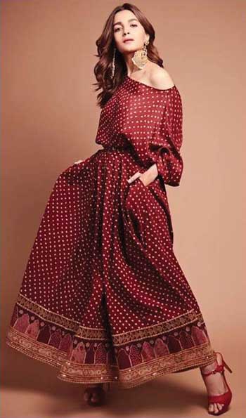 Alia Bhatt wearing a maroon dress by Sabyasachi