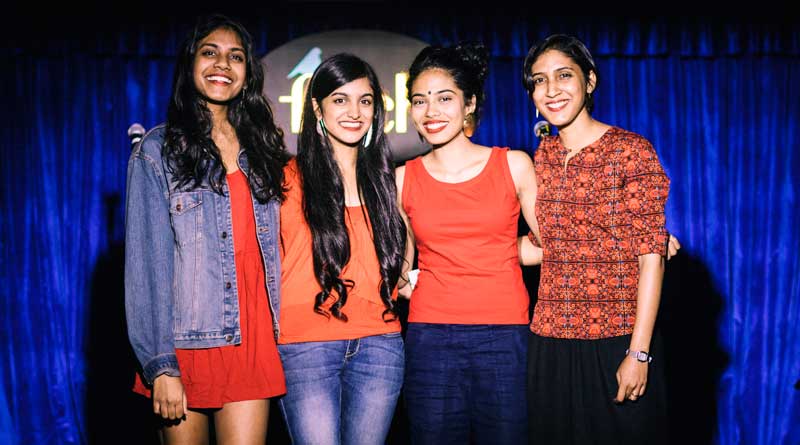 The four members of Ladies Compartment on stage after a show