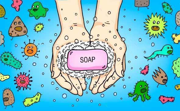Illustrations of hands with a bar of soap surrounded by scared germs