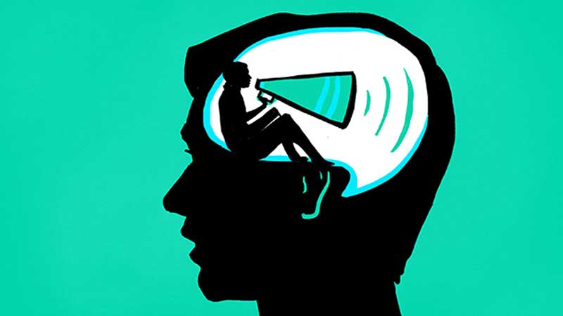 Illustration of a man's head with a person inside it talking on a megaphone