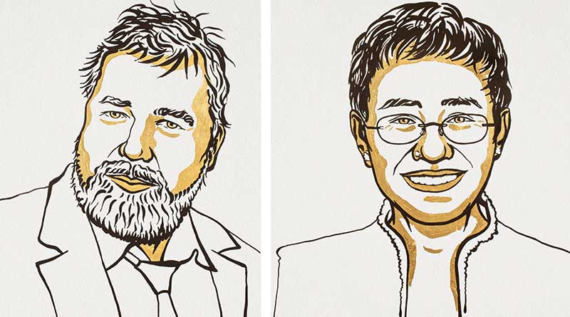Illustrations of 2021 Nobel Peace Prize Winners imitry Muratov and Maria Ressa
