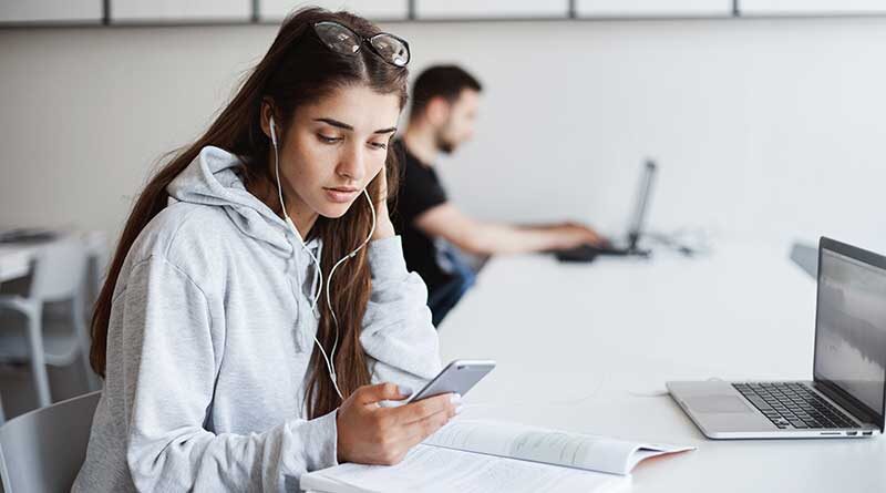Female student studying online
