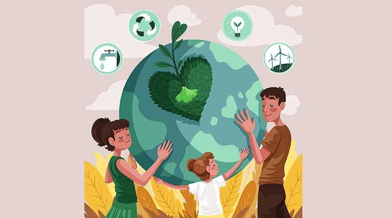 Man, woman and child hugging earth