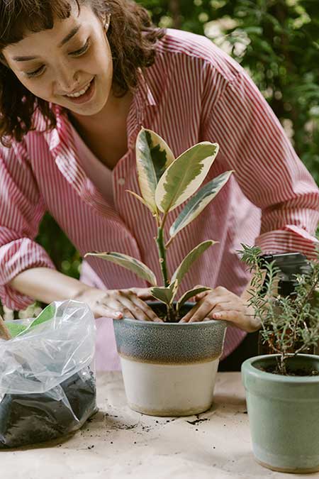 Young woman placing a plant in a pot