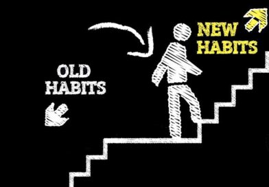 Figure climbing the stairs of new habits and leaving behind old habits