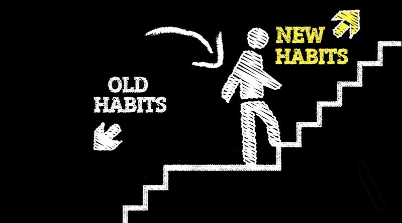 Figure climbing the stairs of new habits and leaving behind old habits