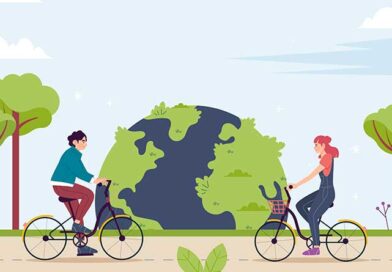Illustration of man and woman cycling with a green earth in the background