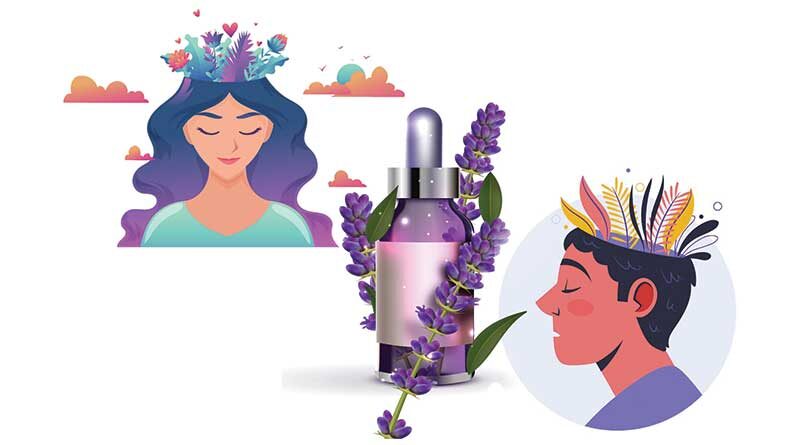 Young people mental health concept with lavender oil bottle and flowers