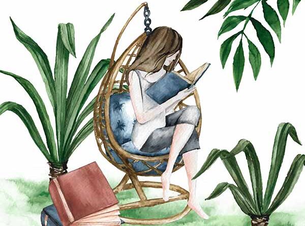 Young woman reading a book surrounded by plants