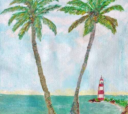 Watercolour of two coconut palms near the sea with a lighthouse in the distance