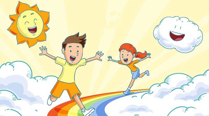 Illustration of children running on a rainbow