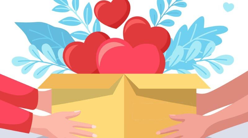 Illustration of hands holding box with hearts in it