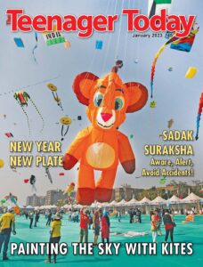 Cover of the January 2023 issue of The Teenager Today featuring the International Kite Festival held at Ahmedabad, Gujarat.
