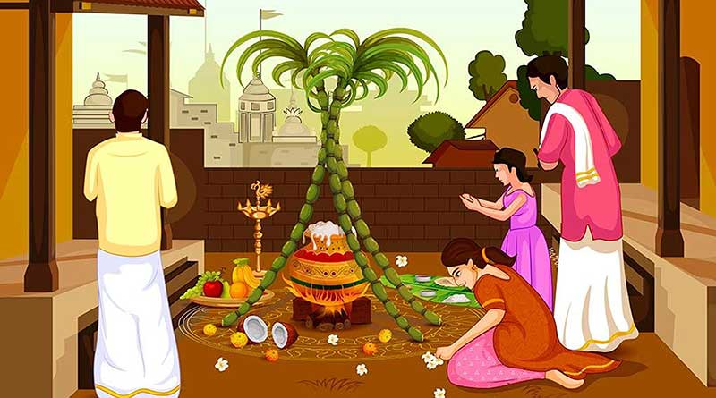 Illustration of family on second day of Pongal