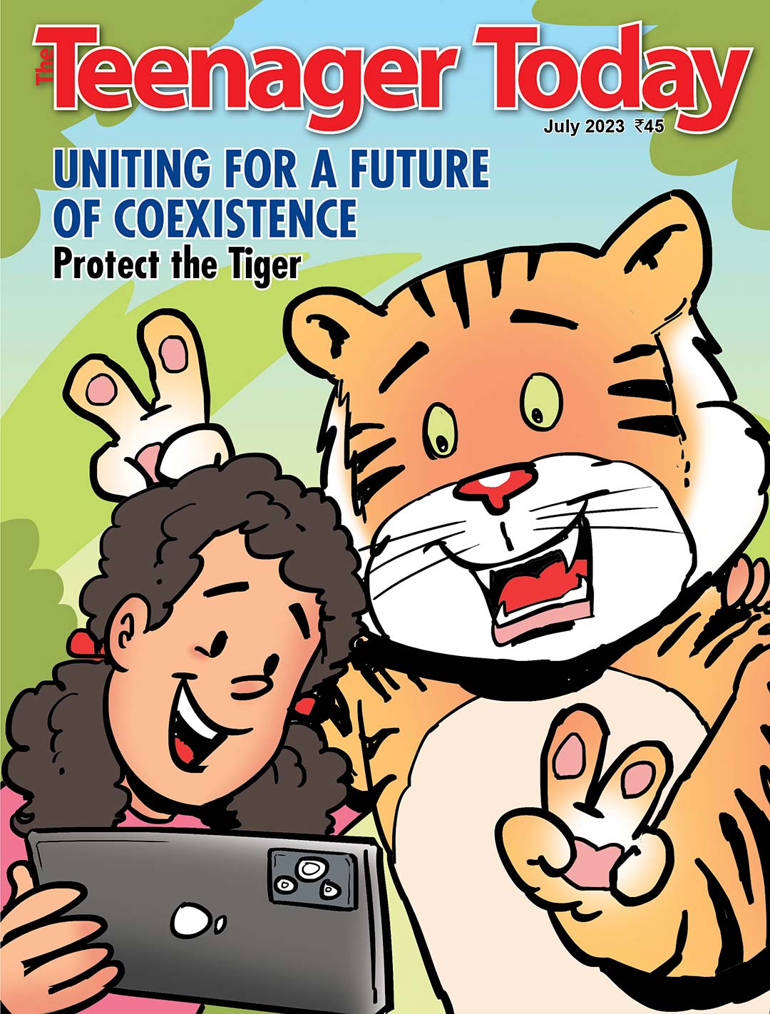 Cover of the July 2023 issue of The Teenager Today featuring International Tigers Day.