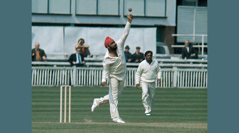 Indian cricketing legend Bishan Singh Bedi bowling