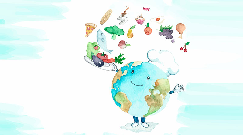Cartoon illustration of earth with a chef's cap juggling different food items.