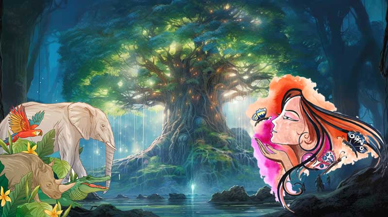 Tree in a magical forest with woman and wild animals.